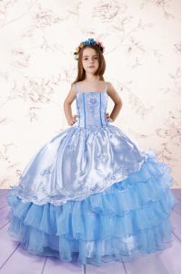 Baby Blue Sleeveless Floor Length Embroidery and Ruffled Layers Lace Up Custom Made Pageant Dress