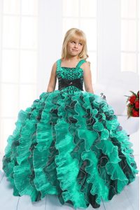 Teal Straps Lace Up Beading and Ruffles Pageant Dress for Womens Sleeveless