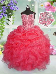Most Popular Pick Ups Spaghetti Straps Sleeveless Lace Up Pageant Dress for Girls Rose Pink Organza