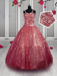 Floor Length Watermelon Red Kids Formal Wear Sequined Sleeveless Beading and Sequins