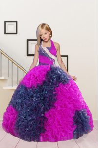 Latest Halter Top Sleeveless Floor Length Beading and Ruffles Lace Up Little Girl Pageant Gowns with Hot Pink