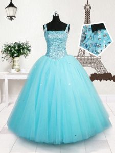 Beading and Sequins Little Girl Pageant Gowns Light Blue Lace Up Sleeveless Floor Length
