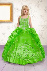 Green Lace Up Girls Pageant Dresses Beading and Appliques and Pick Ups Sleeveless Floor Length