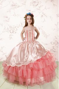 Baby Pink Kids Formal Wear Party and Wedding Party and For with Embroidery and Ruffled Layers Spaghetti Straps Sleeveles