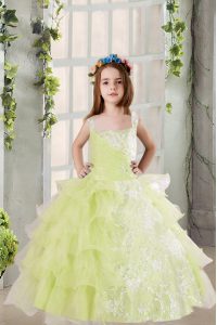 Latest Light Yellow Lace Up Square Lace and Ruffled Layers Pageant Dress for Girls Organza Sleeveless