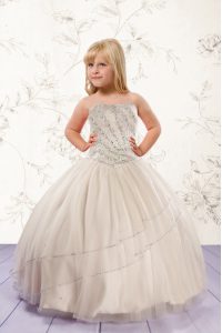 Floor Length Ball Gowns Sleeveless Champagne Pageant Gowns For Girls Lace Up