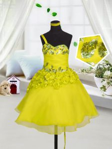 Affordable Yellow Flower Girl Dress Party and Wedding Party and For with Beading and Appliques and Hand Made Flower Swee
