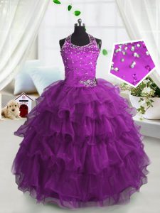 Fuchsia Organza Lace Up Scoop Sleeveless Floor Length Kids Pageant Dress Beading and Ruffled Layers
