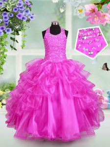 Ruffled Ball Gowns Pageant Dress for Teens Fuchsia Halter Top Organza Sleeveless Floor Length Lace Up