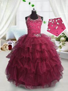 Low Price Scoop Sleeveless Girls Pageant Dresses Floor Length Beading and Ruffled Layers Watermelon Red Organza