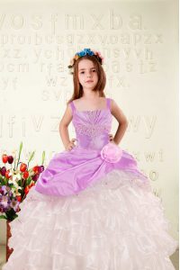 Straps Sleeveless Organza Child Pageant Dress Beading and Ruffled Layers and Hand Made Flower Lace Up