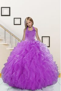 Halter Top Floor Length Purple Pageant Gowns For Girls Organza Sleeveless Beading and Ruffles
