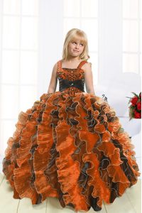 Sleeveless Organza Floor Length Lace Up Little Girl Pageant Gowns in Orange with Beading and Ruffles