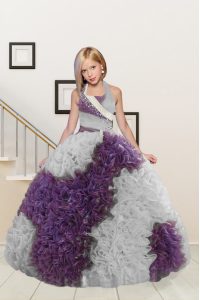 Low Price Halter Top Floor Length Lace Up Kids Formal Wear White And Purple for Party and Wedding Party with Beading and