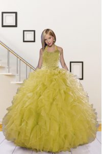 Halter Top Sleeveless Pageant Gowns Floor Length Beading and Ruffles Light Yellow Organza