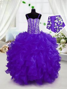 Purple Sleeveless Organza Lace Up Kids Formal Wear for Party and Wedding Party