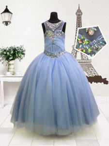 Ball Gowns Little Girl Pageant Dress Light Blue Scoop Organza Sleeveless Floor Length Zipper