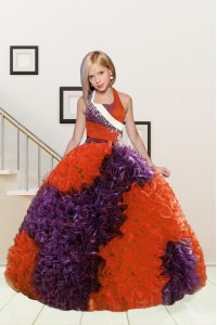 Halter Top Sleeveless Floor Length Beading and Ruffles Lace Up Custom Made Pageant Dress with Purple and Orange Red