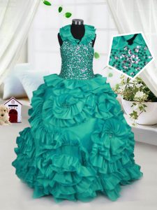 Halter Top Sleeveless Floor Length Beading and Ruffles Zipper Pageant Dress for Womens with Turquoise