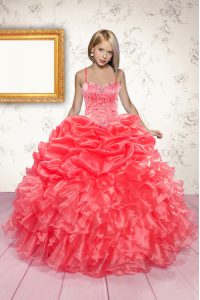 Coral Red Little Girl Pageant Gowns Party and Wedding Party and For with Beading and Ruffles and Pick Ups Spaghetti Stra
