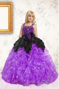 Black and Purple Organza Lace Up Little Girls Pageant Dress Sleeveless Floor Length Beading and Ruffles