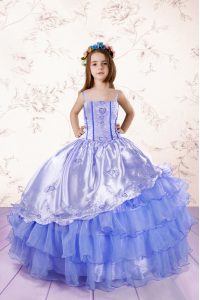 Custom Fit Sleeveless Floor Length Embroidery and Ruffled Layers Lace Up Little Girls Pageant Dress Wholesale with Baby 