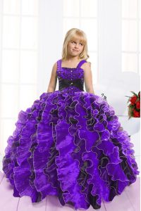 Latest Beading and Ruffles Kids Formal Wear Blue And Black Lace Up Sleeveless Floor Length