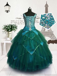 Classical Teal Sleeveless Beading and Belt Floor Length Kids Pageant Dress
