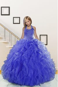 Halter Top Blue Sleeveless Organza Lace Up Kids Pageant Dress for Party and Wedding Party