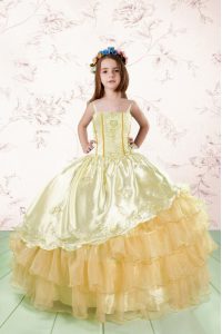 Sleeveless Embroidery and Ruffled Layers Lace Up Kids Formal Wear