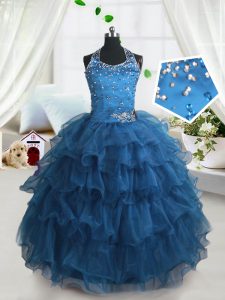 Ruffled Spaghetti Straps Sleeveless Lace Up Evening Gowns Teal Organza
