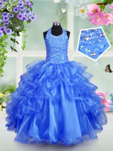 Attractive Halter Top Sleeveless Organza Pageant Dress for Teens Beading and Ruffled Layers Lace Up