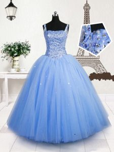 Cute Baby Blue Ball Gowns Beading and Sequins Evening Gowns Lace Up Tulle Sleeveless Floor Length