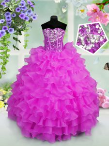 Hot Selling Organza Sweetheart Sleeveless Lace Up Ruffled Layers and Sequins Kids Formal Wear in Lilac