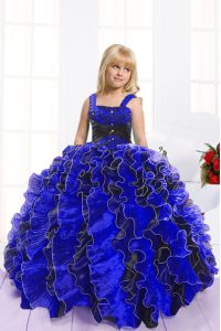 Adorable Blue And Black Spaghetti Straps Neckline Beading and Ruffles Little Girls Pageant Gowns Sleeveless Lace Up