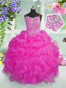 Sleeveless Floor Length Beading and Ruffles and Pick Ups Lace Up Pageant Gowns For Girls with Baby Pink