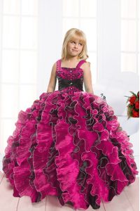 Floor Length Black and Hot Pink Girls Pageant Dresses Organza Sleeveless Beading and Ruffles