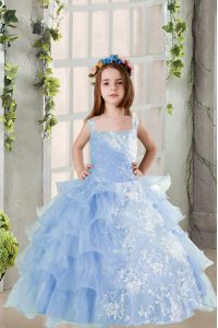 Baby Blue Ball Gowns Spaghetti Straps Long Sleeves Organza Floor Length Lace Up Lace and Ruffled Layers Little Girls Pag