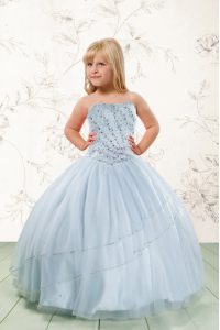 Custom Designed Strapless Sleeveless Tulle Little Girl Pageant Gowns Beading Lace Up