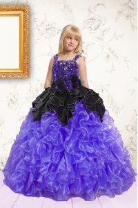 Excellent Floor Length Black and Purple Pageant Dress for Teens Organza Sleeveless Beading and Ruffles