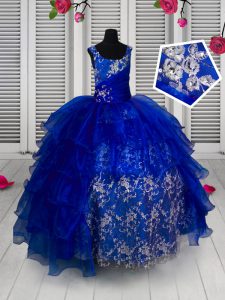 Sleeveless Floor Length Appliques Lace Up Kids Formal Wear with Blue