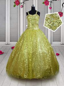 Sequins Floor Length Gold Kids Pageant Dress Straps Sleeveless Lace Up