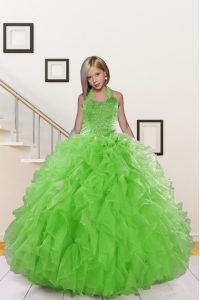Organza Halter Top Sleeveless Lace Up Beading and Ruffles Little Girl Pageant Gowns in Green