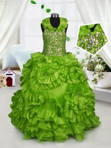 Superior Floor Length Olive Green Little Girl Pageant Dress Halter Top Sleeveless Zipper