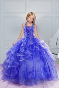 Organza Halter Top Sleeveless Lace Up Beading and Ruffles Custom Made Pageant Dress in Blue