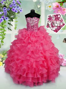 Sequins Ruffled Floor Length Ball Gowns Sleeveless Hot Pink Pageant Dress Toddler Lace Up