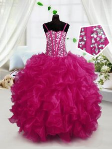 Floor Length Ball Gowns Sleeveless Hot Pink Pageant Dress for Womens Lace Up