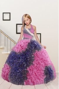 Simple Halter Top Pink and Dark Purple Sleeveless Floor Length Beading and Ruffles Lace Up Girls Pageant Dresses