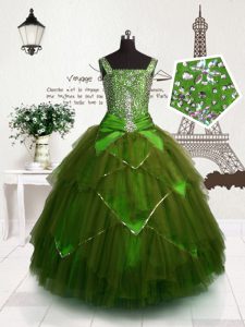 Excellent Olive Green Ball Gowns Beading and Belt Child Pageant Dress Lace Up Tulle Sleeveless Floor Length