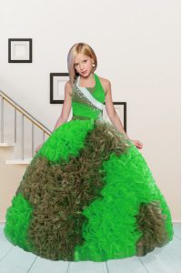Adorable Ball Gowns Kids Formal Wear Apple Green and Chocolate Halter Top Fabric With Rolling Flowers Sleeveless Floor L